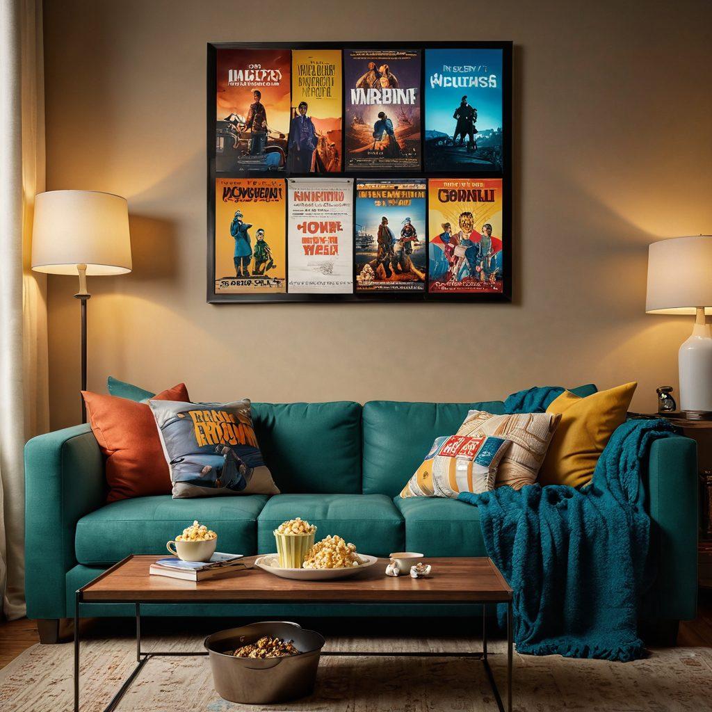 A cozy living room scene featuring a comfortable couch, popcorn bowl, and a large screen displaying colorful movie posters. Subtle details like a steaming cup of tea and a blanket tossed over the armrest enhance the homey atmosphere. Soft lighting creates an inviting ambiance, inviting viewers to relax and enjoy a film. cinematic lighting. super-realistic. vibrant colors.