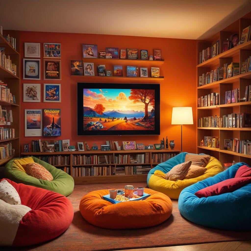 A visually captivating scene depicting a cozy living room filled with plush bean bags, a large screen showing a classic film, and a digital library on shelves showcasing colorful film posters. Warm lighting casts a welcoming glow, with popcorn and drinks on a small table, symbolizing the joy of movie watching. Digital devices like tablets and laptops display various free film library websites. super-realistic. vibrant colors. cozy atmosphere.
