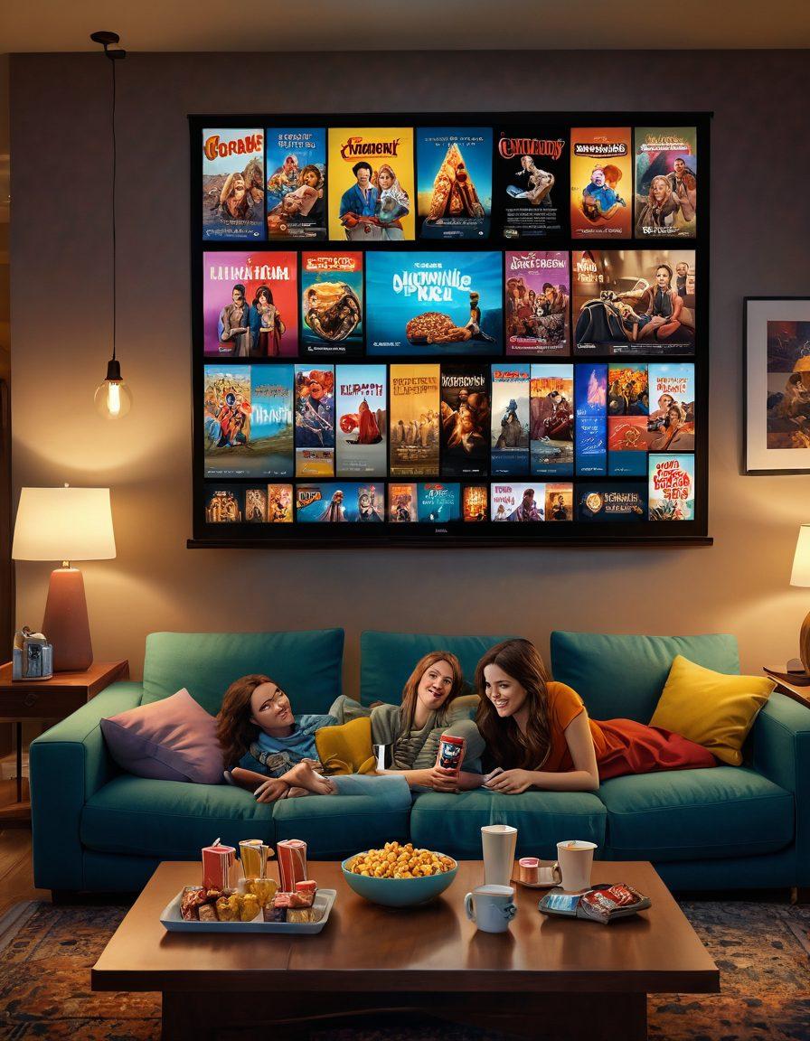 A cozy living room scene featuring a large screen displaying a vibrant movie, surrounded by snacks and drinks on a coffee table. A couple is joyfully watching the film, with expressions of excitement and anticipation. Soft, warm lighting enhances the inviting atmosphere, while movie posters decorate the walls. Emphasize a cinematic vibe and a sense of community. super-realistic. vibrant colors. cozy interior.